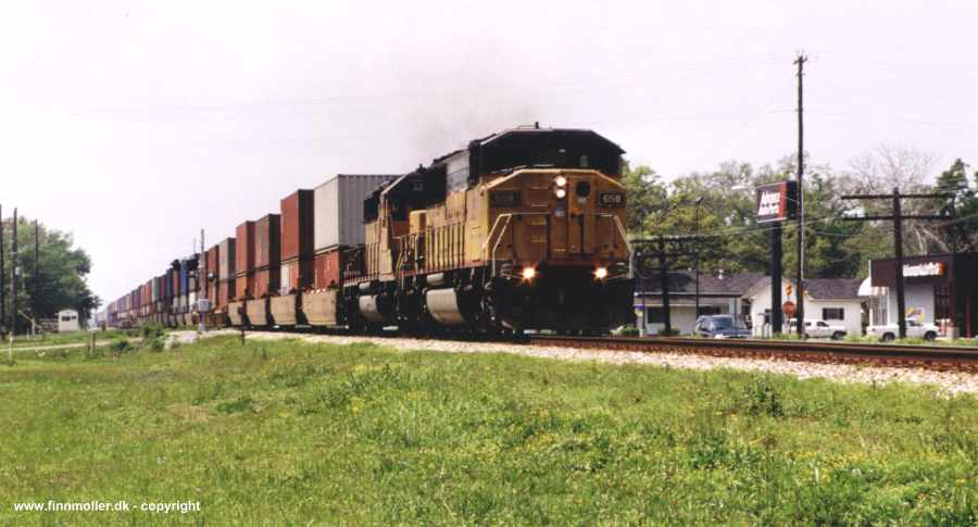UP6158 + UP3374 with a double-stack container train